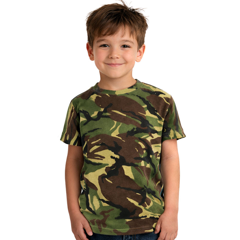Child wearing a camouflage British DPM Military style t-shirt.