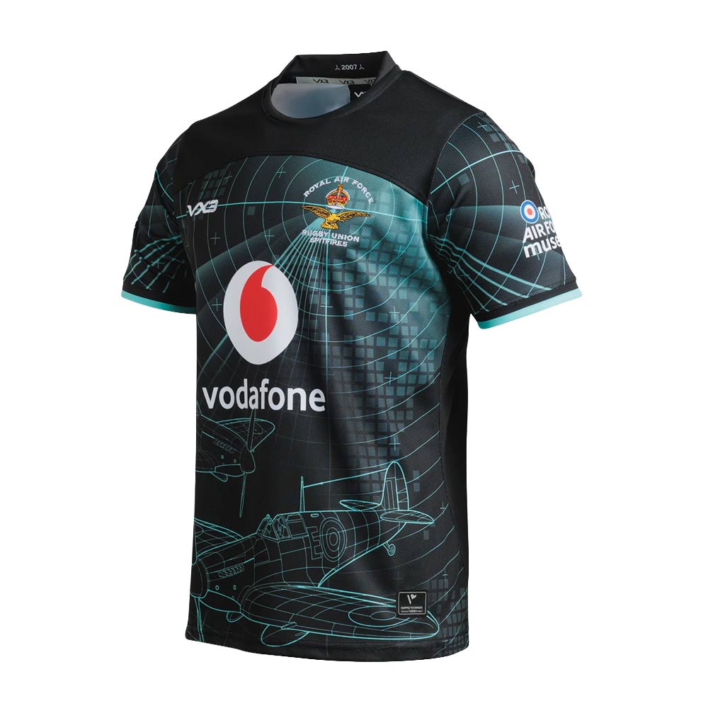 Official RAF Rugby Union Team 26-27 T-shirt  in black, embroidered VX3 with green Radar graphics and Spitfires design, and other logos sublimated. 