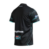 Official RAF Rugby Union Team 26-27 back profile T-shirt in black, embroidered VX3 with green Radar graphics and Spitfires design, and other logos sublimated. 