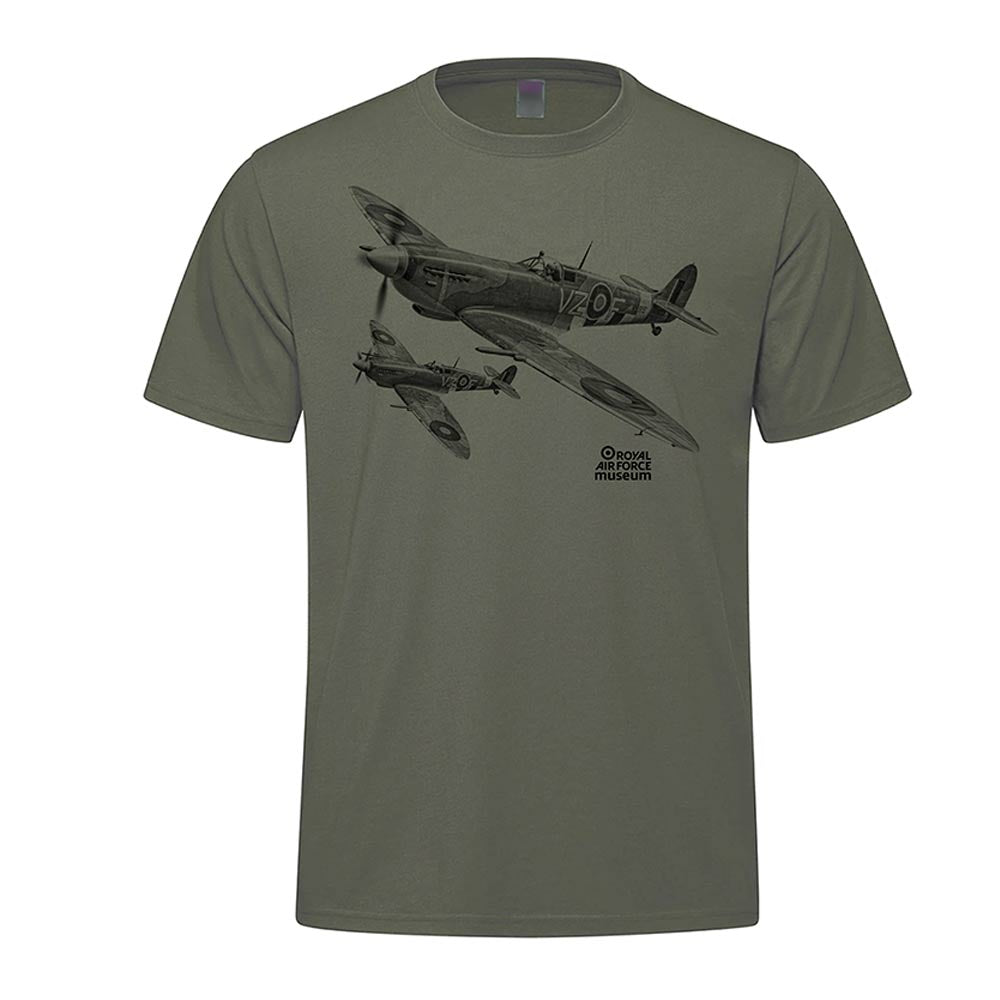 A classic olive green crew neck T-shirt featuring large and small Spitfire sketch designs. The T-shirt is made from a 50% cotton and 50% polyester .
