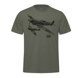 A classic olive green crew neck T-shirt featuring large and small Spitfire sketch designs. The T-shirt is made from a 50% cotton and 50% polyester .