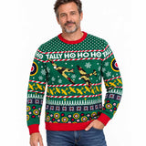 2026 RAF Museum Christmas jumper with a knitted design featuring Spitfires in flight, RAF roundels and the words “Tally Ho Ho Ho”.