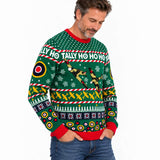 2026 RAF Museum Christmas jumper with a knitted design featuring Spitfires in flight, RAF roundels and the words “Tally Ho Ho Ho”.