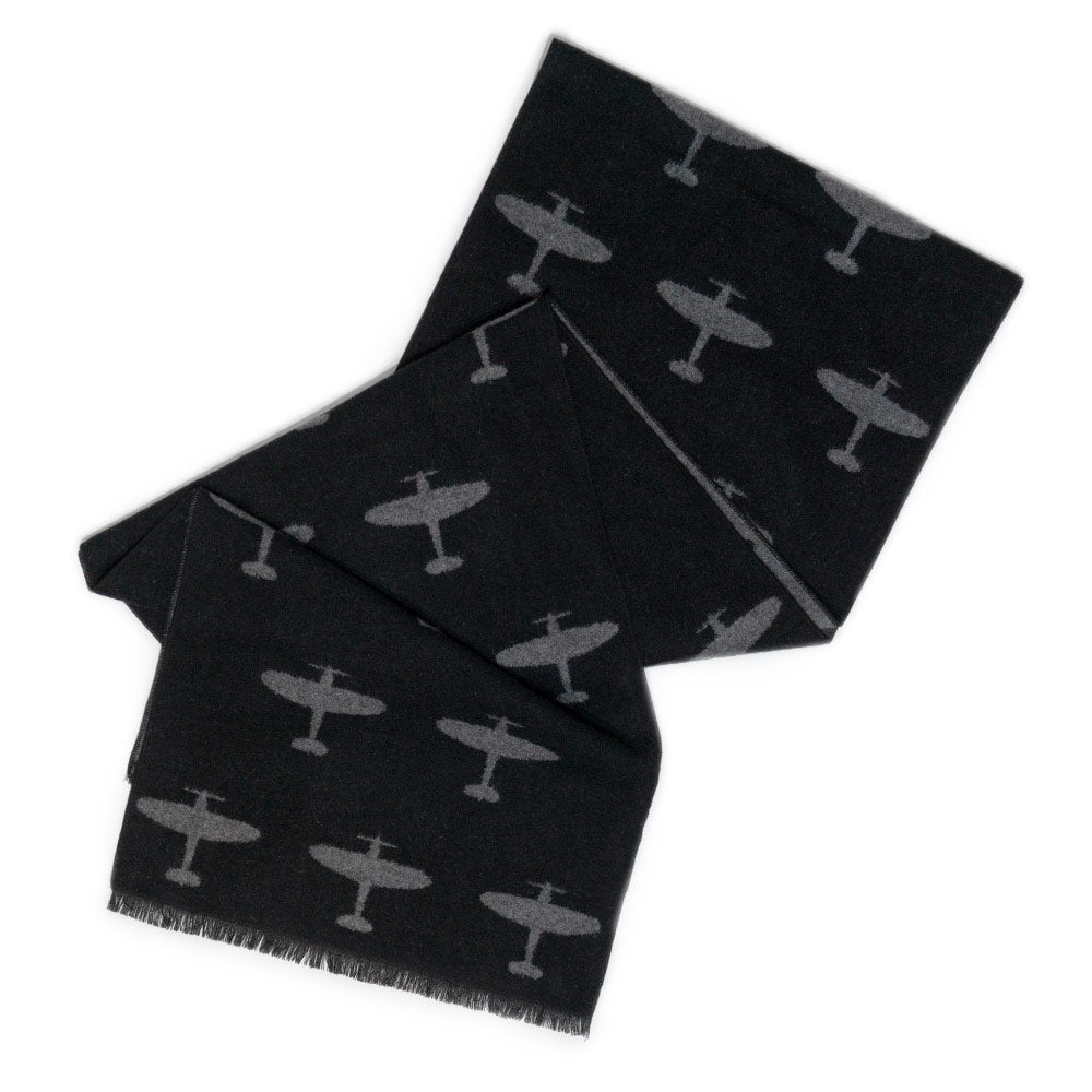 Exclusively designed for the RAF Museum, this beautifully black and grey woven scarf features a subtle Spitfire pattern formed in the weave, not printed on.