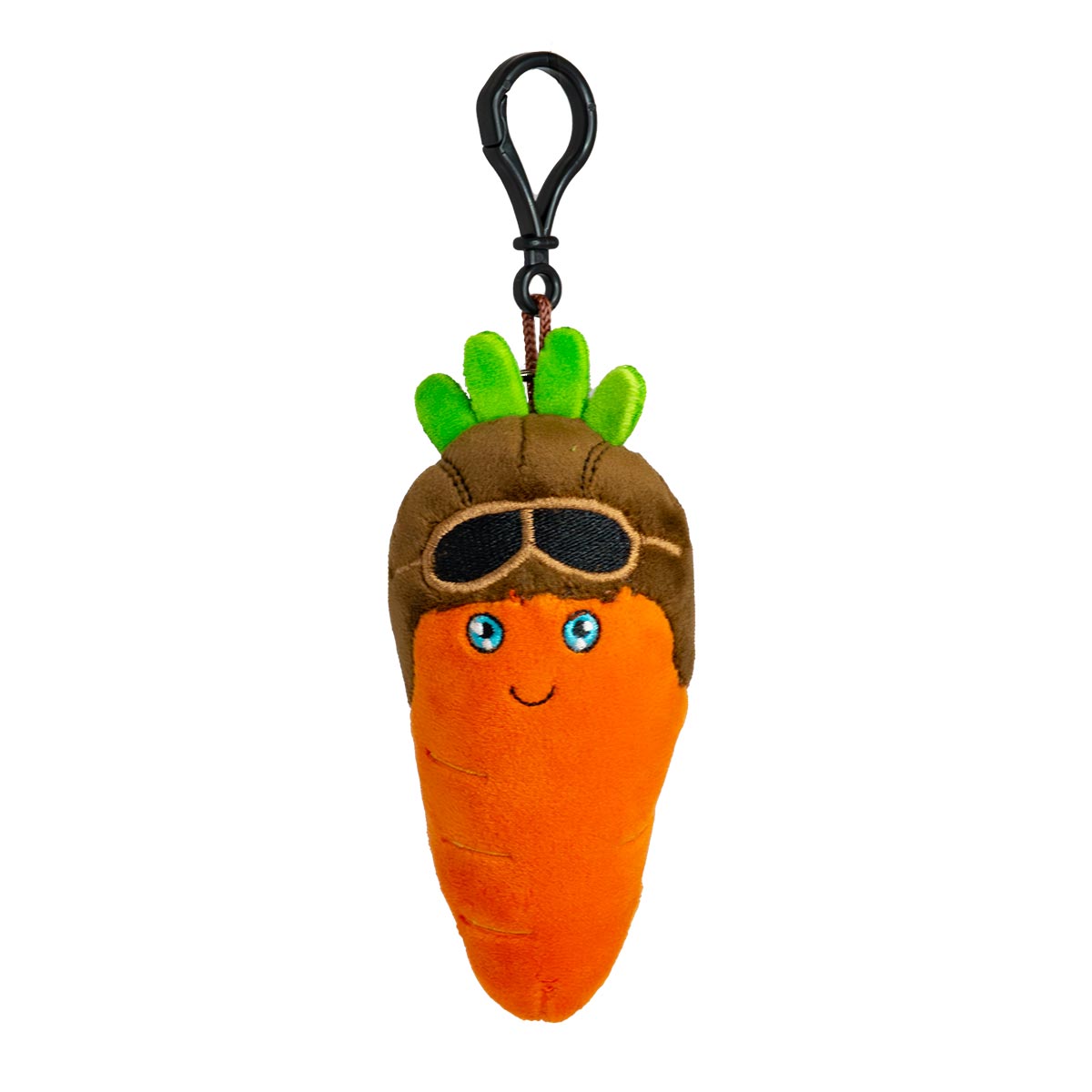 Plush carrot toy with goggles and a keychain clip on a white background