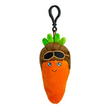Plush carrot toy with goggles and a keychain clip on a white background
