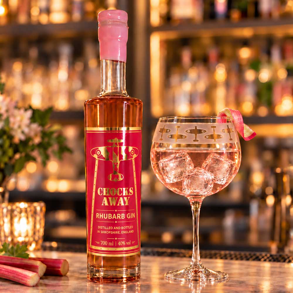 Chocks Away Rhubarb Gin bottle, distilled in Shropshire with seasonal farm-grown rhubarb; 700ml, 40% ABV.