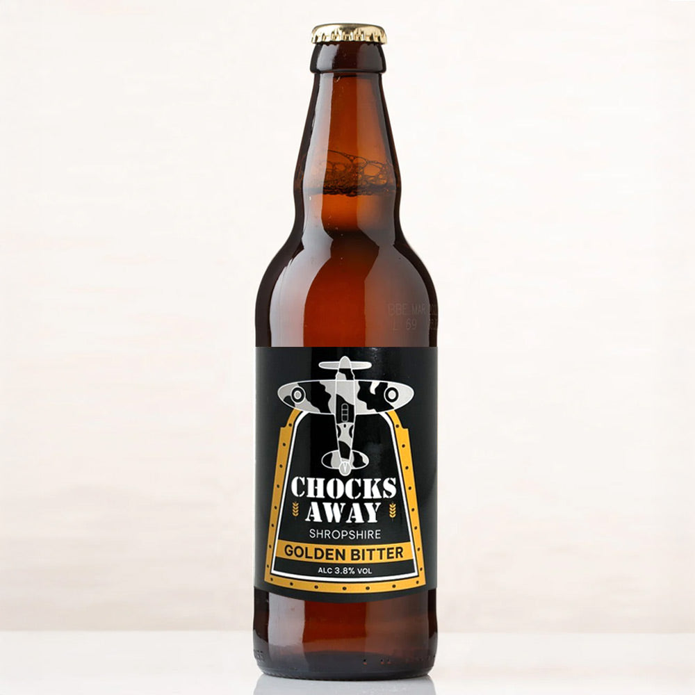 A bottle of Chocks Away Bitter Beer., features an iconic Spitfire. Exclusive for the Royal Air Force Museum.