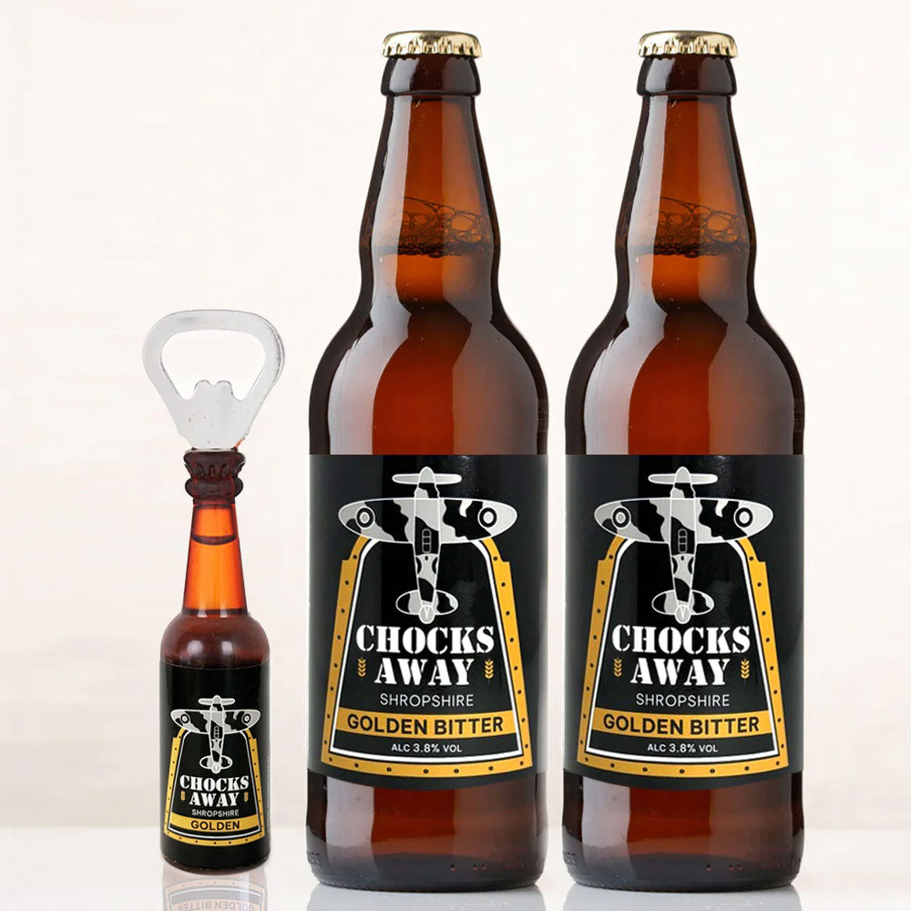 Bundle offer. 2 Bottles of Chocks Away Beer and a matching fridge magnet bottle opener.