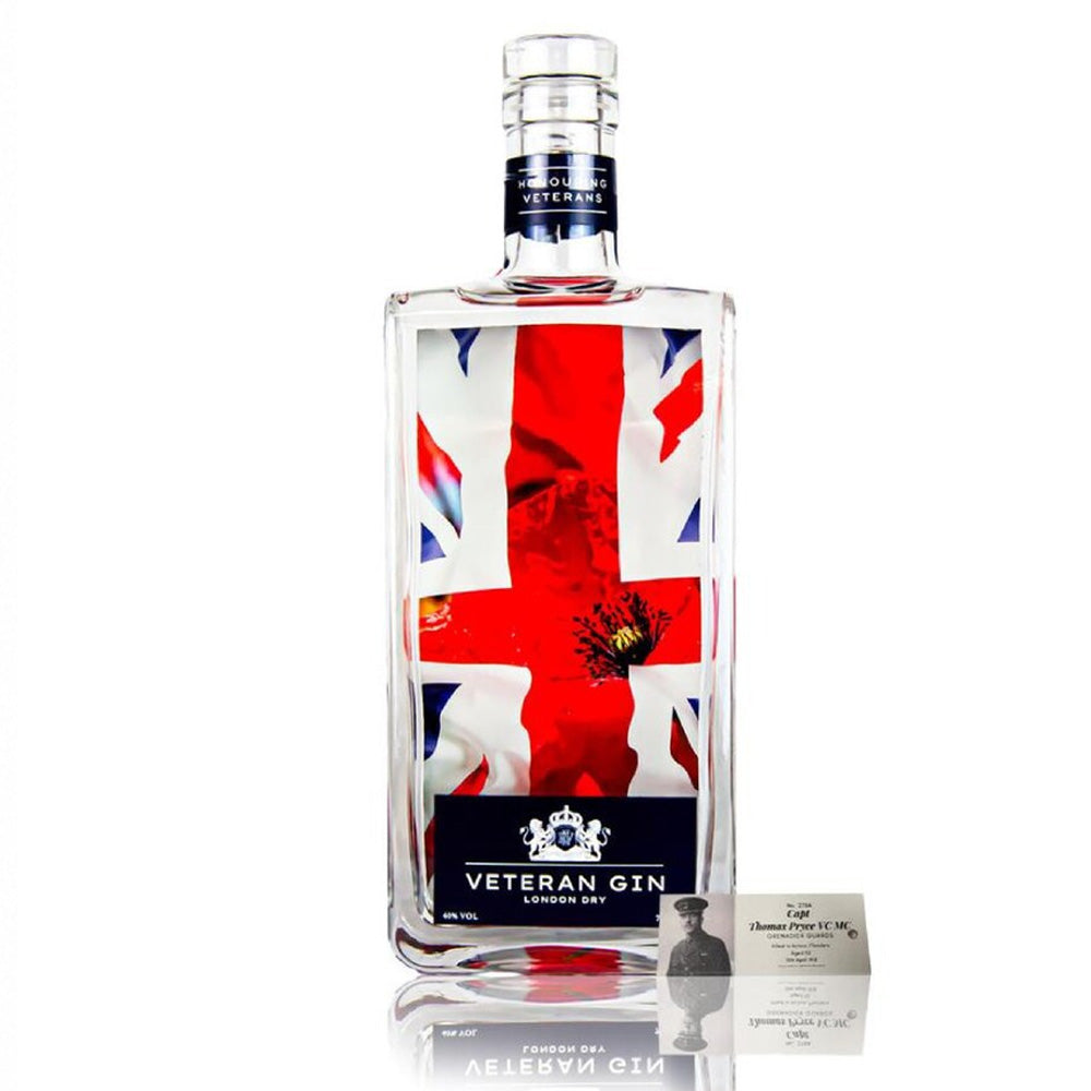 Veteran gin bottle design with Union jack flag, clear bottle.
