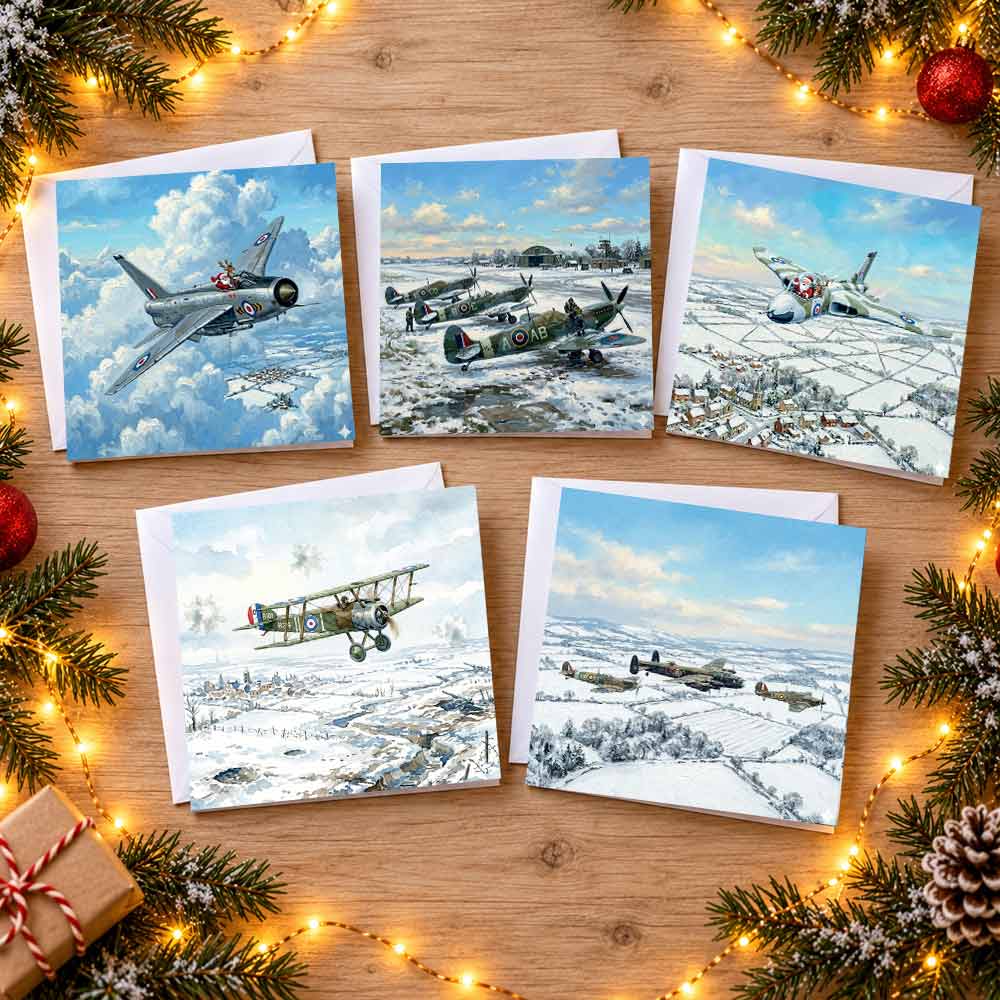 A pack of Christmas cards contains 10 cards featuring 5 aircraft-themed designs.