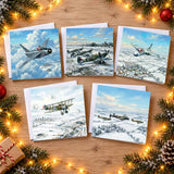 A pack of Christmas cards contains 10 cards featuring 5 aircraft-themed designs.
