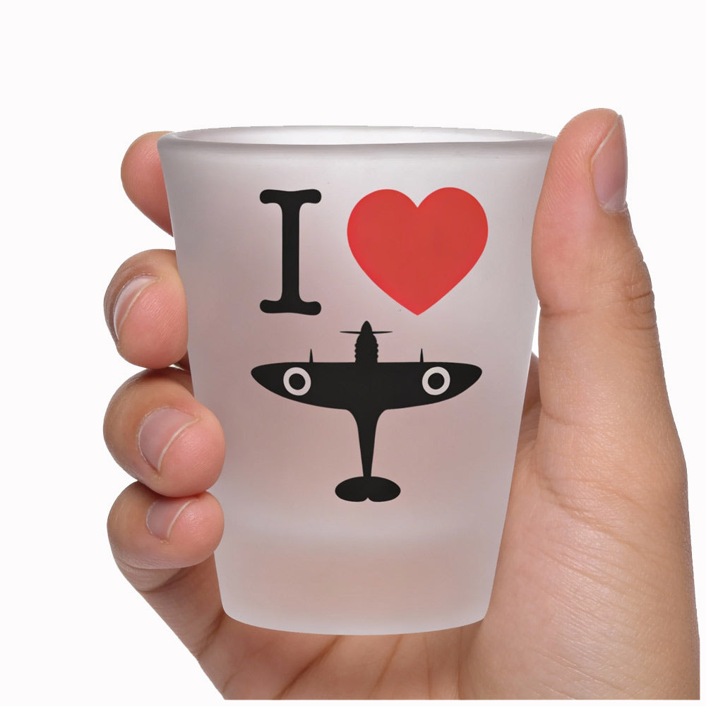 1.75 oz frosted shot glass with an “I Love Spitfire” design, exclusive to the RAF Museum.