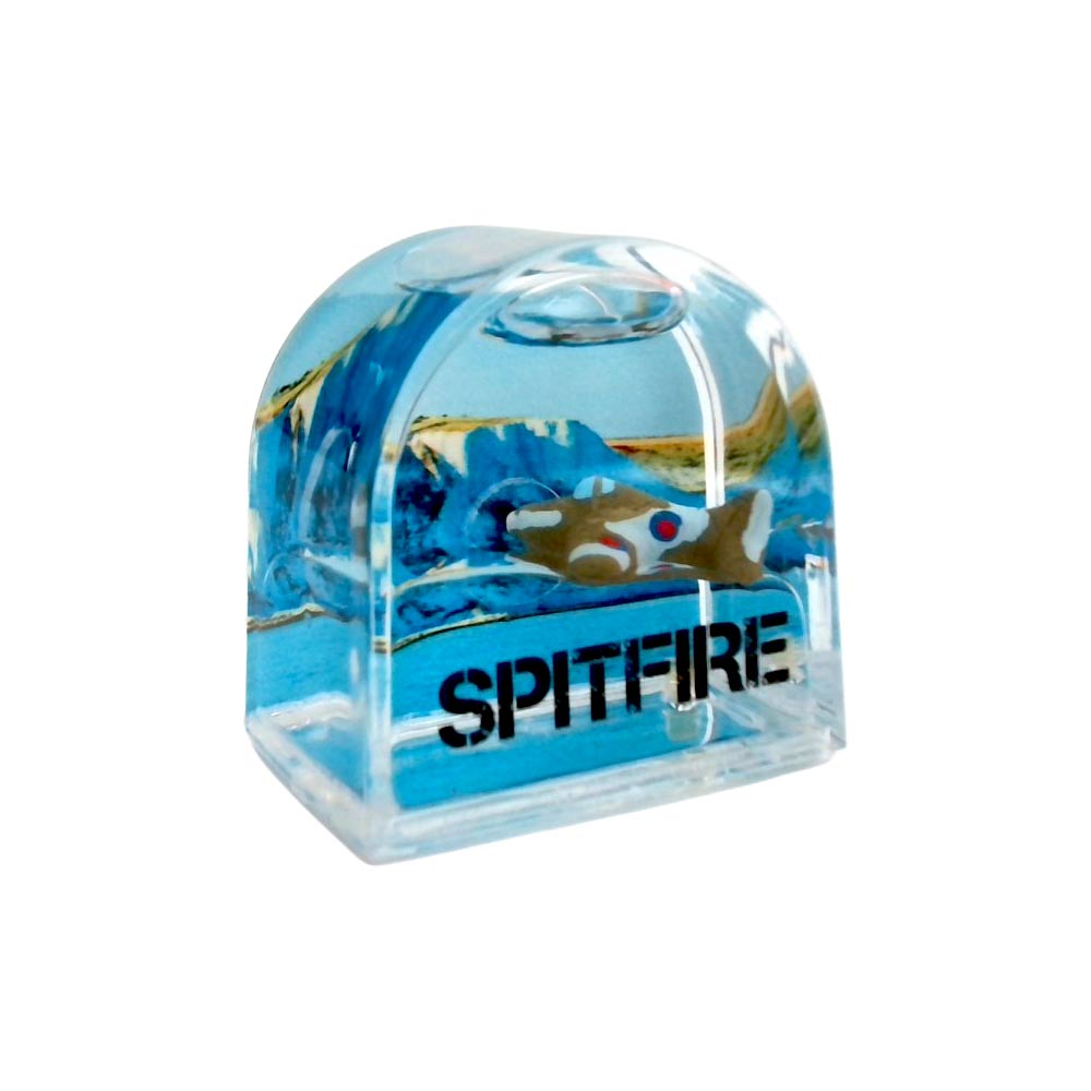 Acrylic liquid motion magnet depicting the Spitfire aircraft floating in an arch shape tower with flat base.