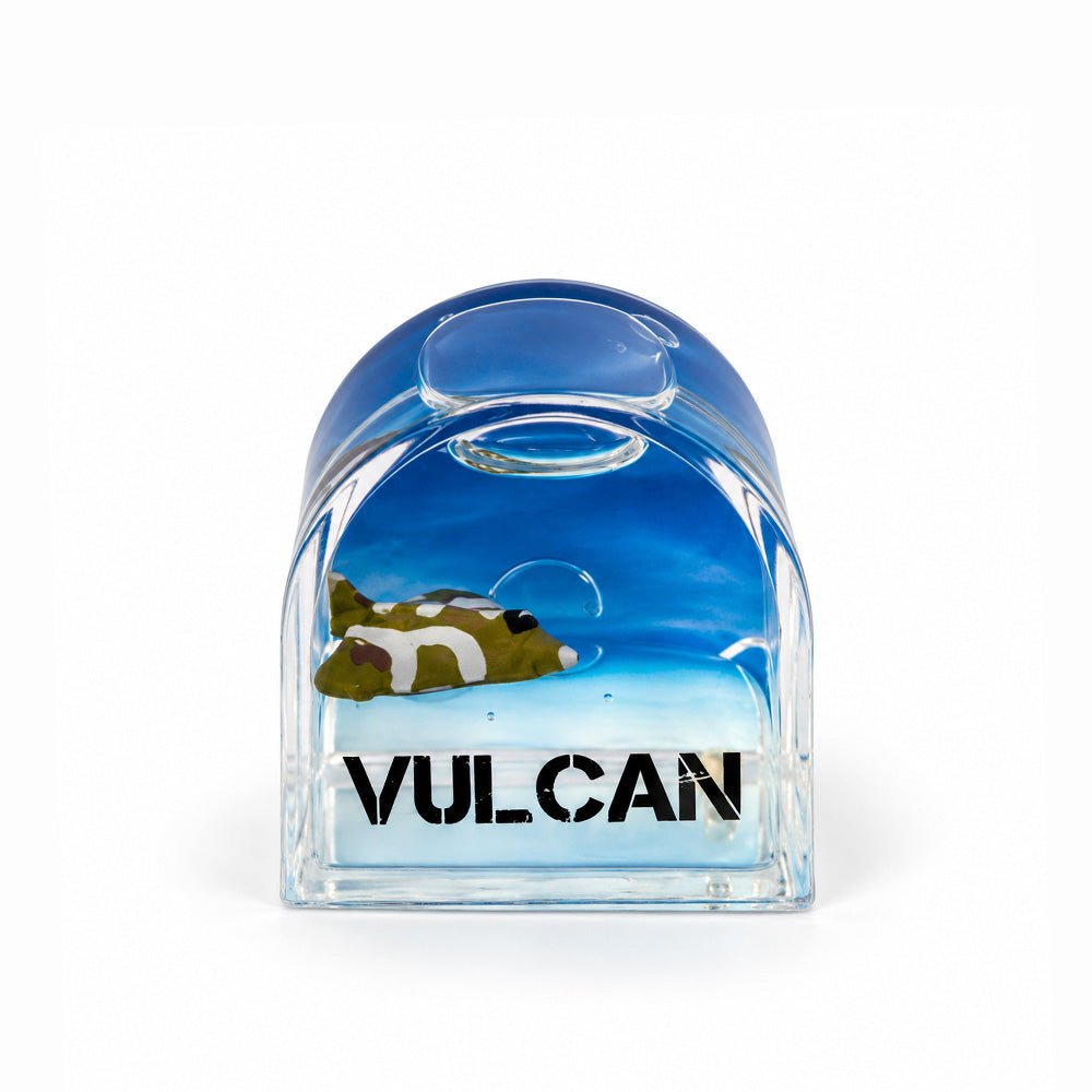 Acrylic liquid motion magnet depicting the Vulcan aircraft floating in an arch shape tower with flat base.