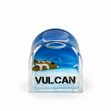 Acrylic liquid motion magnet depicting the Vulcan aircraft floating in an arch shape tower with flat base.