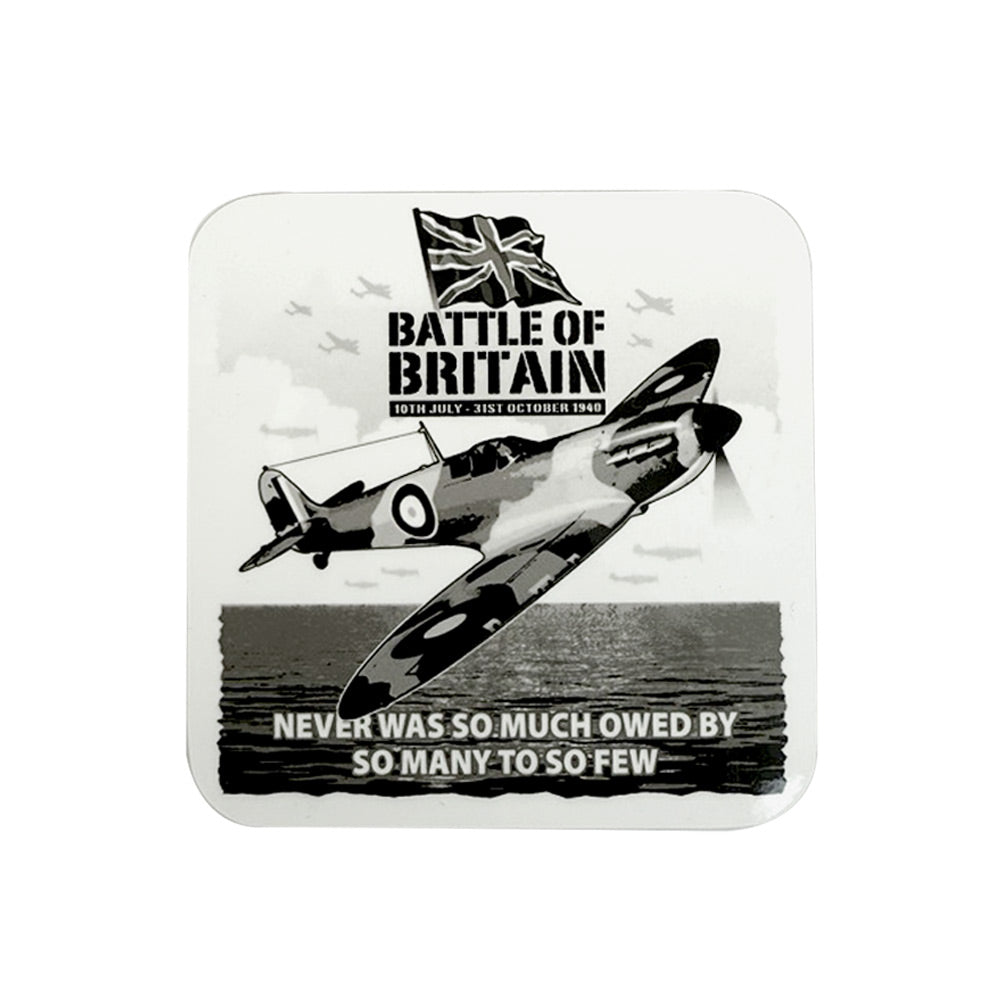 A square coaster featuring a striking Battle of Britain design with a Spitfire. Finished in gloss white, with a MDF board backing.