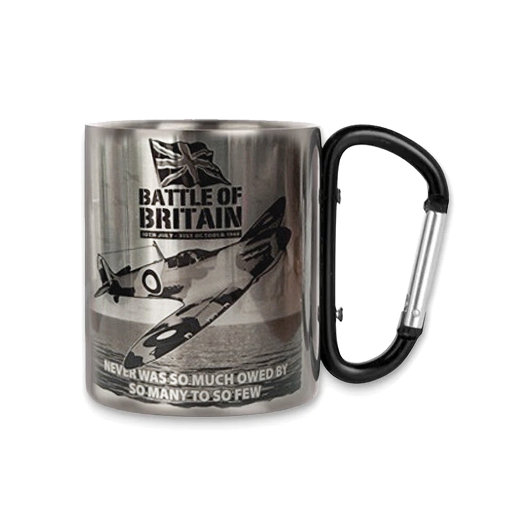 Stainless Steel Mug featuring ’Battle of Britain’ design with carabiner handle.