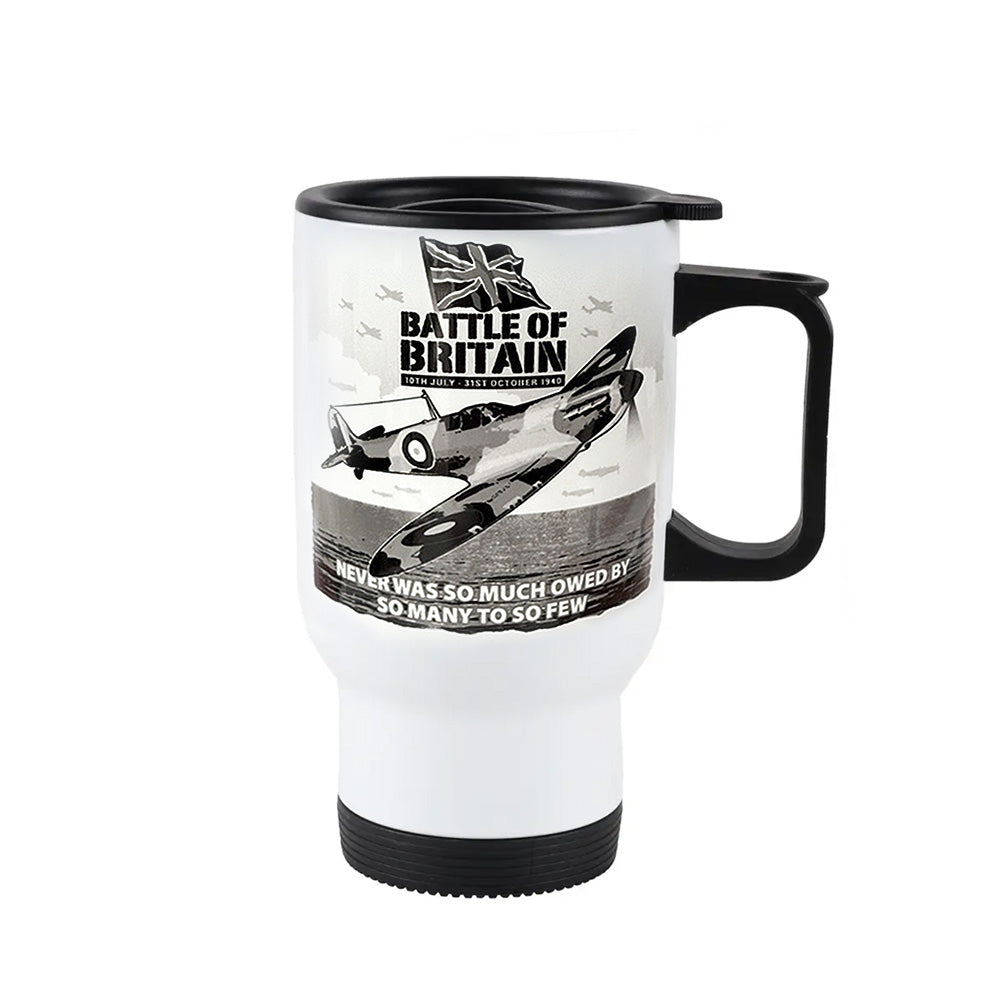This 14oz travel mug with handle is made from durable stainless steel with double-wall insulation. It featurs a striking Battle of Britain design with a Spitfire and Union Jack.