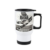This 14oz travel mug with handle is made from durable stainless steel with double-wall insulation. It featurs a striking Battle of Britain design with a Spitfire and Union Jack.