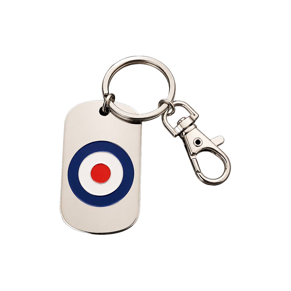 Rectangular silver polished finish keyring woth ring and lobster clasp with the official license RAF Roundel deisgn.