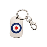 Rectangular silver polished finish keyring woth ring and lobster clasp with the official license RAF Roundel deisgn.