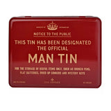 Civil Defence red storage tin with slogan, This tin has been designated the official Man tin. 