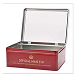 Civil Defence red storage lid opened tin with slogan, This tin has been designated the official Man tin. 