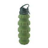 Olive green grenade-shaped expandable water bottle with a black handle carabiner, designed for a unique and hydration experience.