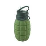 Olive green grenade-shaped expandable water bottle with a black handle carabiner, designed for a unique and hydration experience.