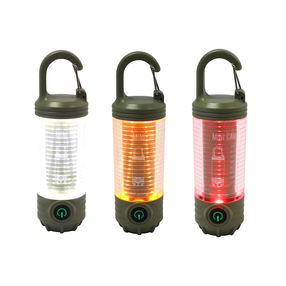 A portable lantern and flashlight featuring a handle and a carabiner for convenient carrying and secure to bags.