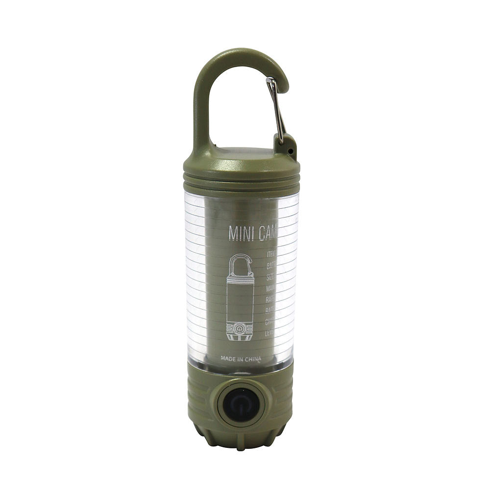A portable lantern and flashlight featuring a handle and a carabiner for convenient carrying and secure to bags.