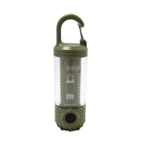 A portable lantern and flashlight featuring a handle and a carabiner for convenient carrying and secure to bags.