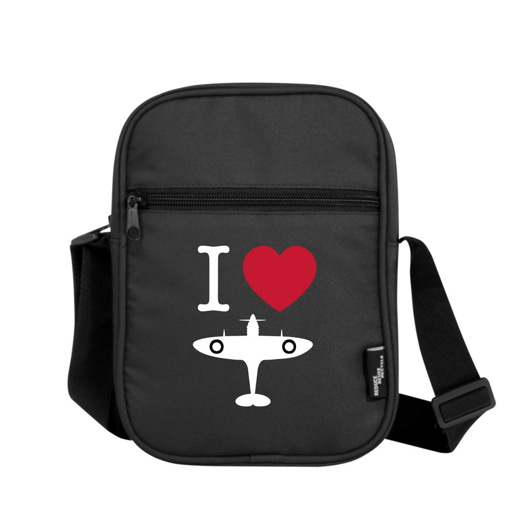 Unisex black crossbody bag with adjustable shoulder strap, featuring “I Love Spitfire” design, with one large main compartment, one external zipped pocket, exclusive to the RAF Museum.