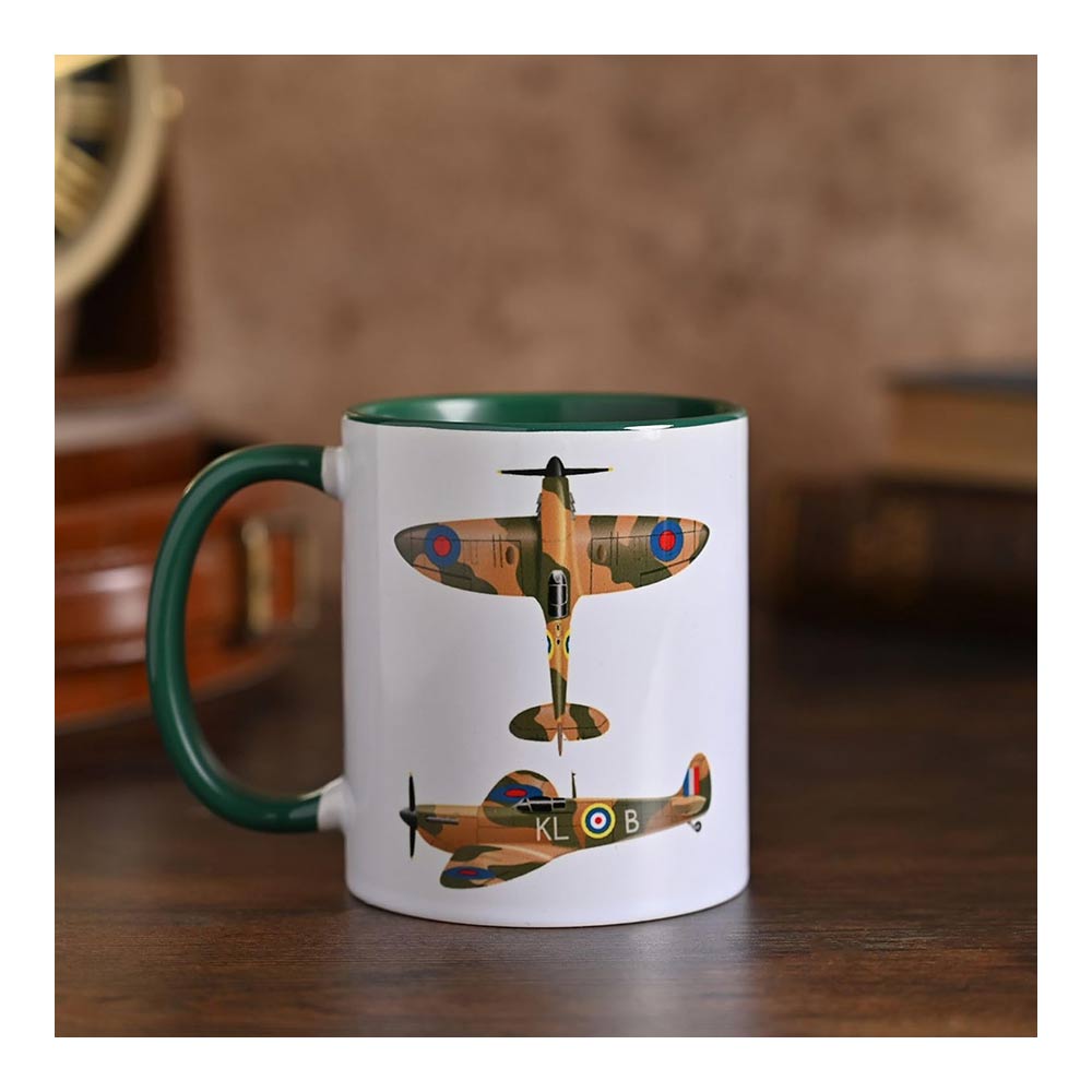A classic green handle and interior contrast with the white exterior, showcasing the Spitfire artwork in striking detail.