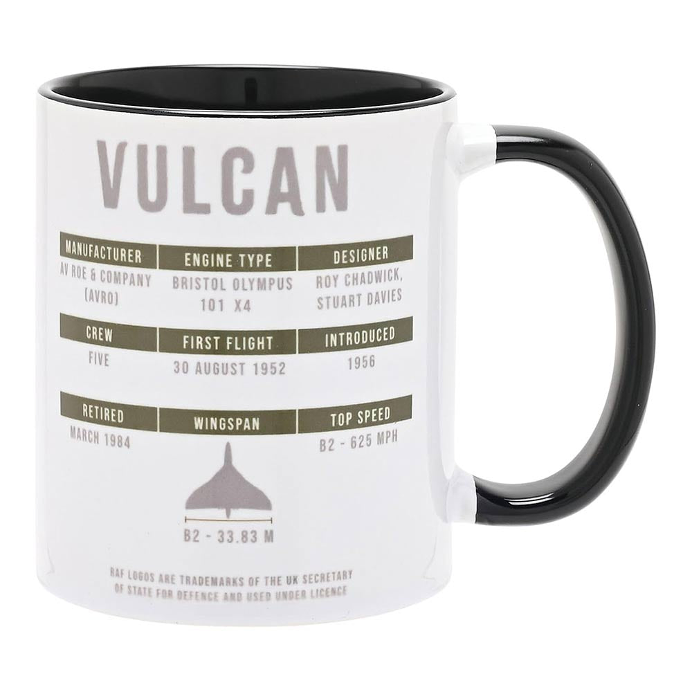 A classic black handle and interior contrast with the white exterior, showcasing the Vulcan historical facts details, printed on mug.