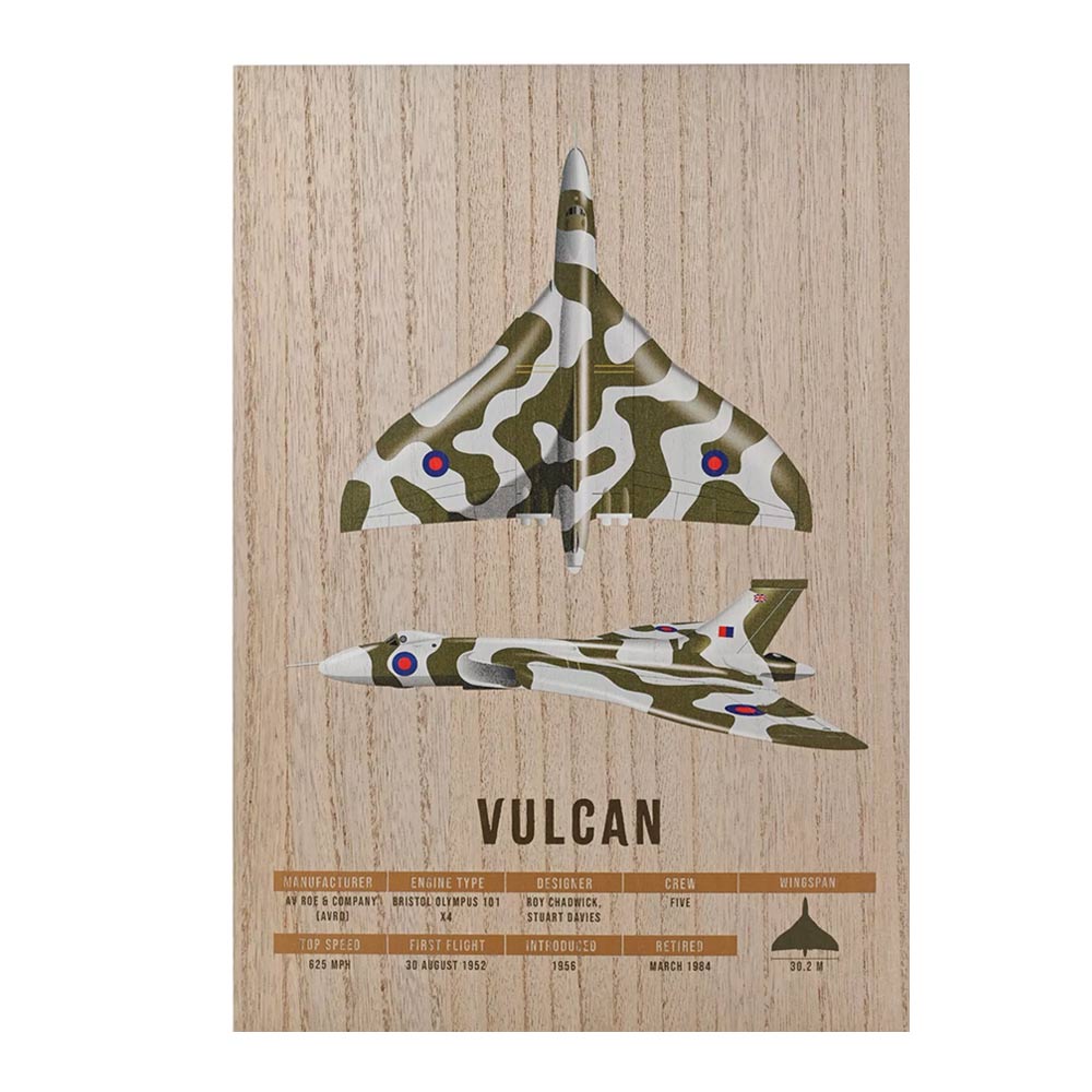 A3 wooden plaque comes with two stunning illustrations of the Vulcan, together with interesting historical facts about this aircraft.