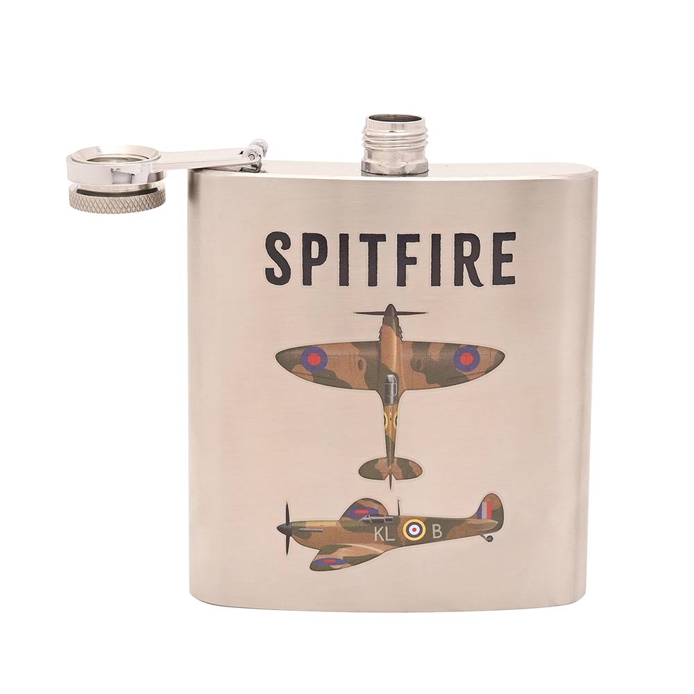 RAF official licence silver coloured Spitfire aircraft hip flask. 6oz capacity.