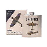 RAF official licence silver coloured Spitfire aircraft design hip flask. 6oz capacity. With gift box.