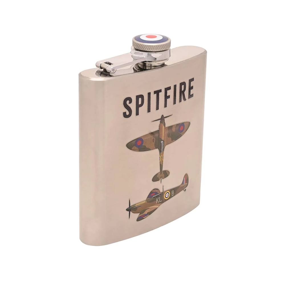 RAF official licence silver coloured Spitfire hip flask. 6oz capacity. Side angle view.