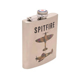 RAF official licence silver coloured Spitfire hip flask. 6oz capacity. Side angle view.