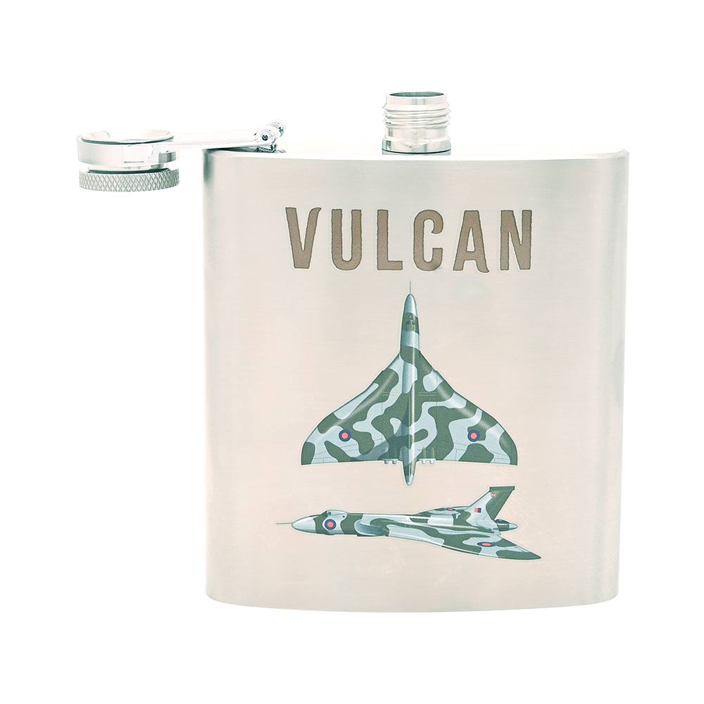 RAF official licence silver coloured Vulcan aircraft hip flask. 6oz capacity.