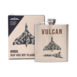 RAF official licence silver coloured Vulcan aircraft design hip flask. 6oz capacity. With gift box.