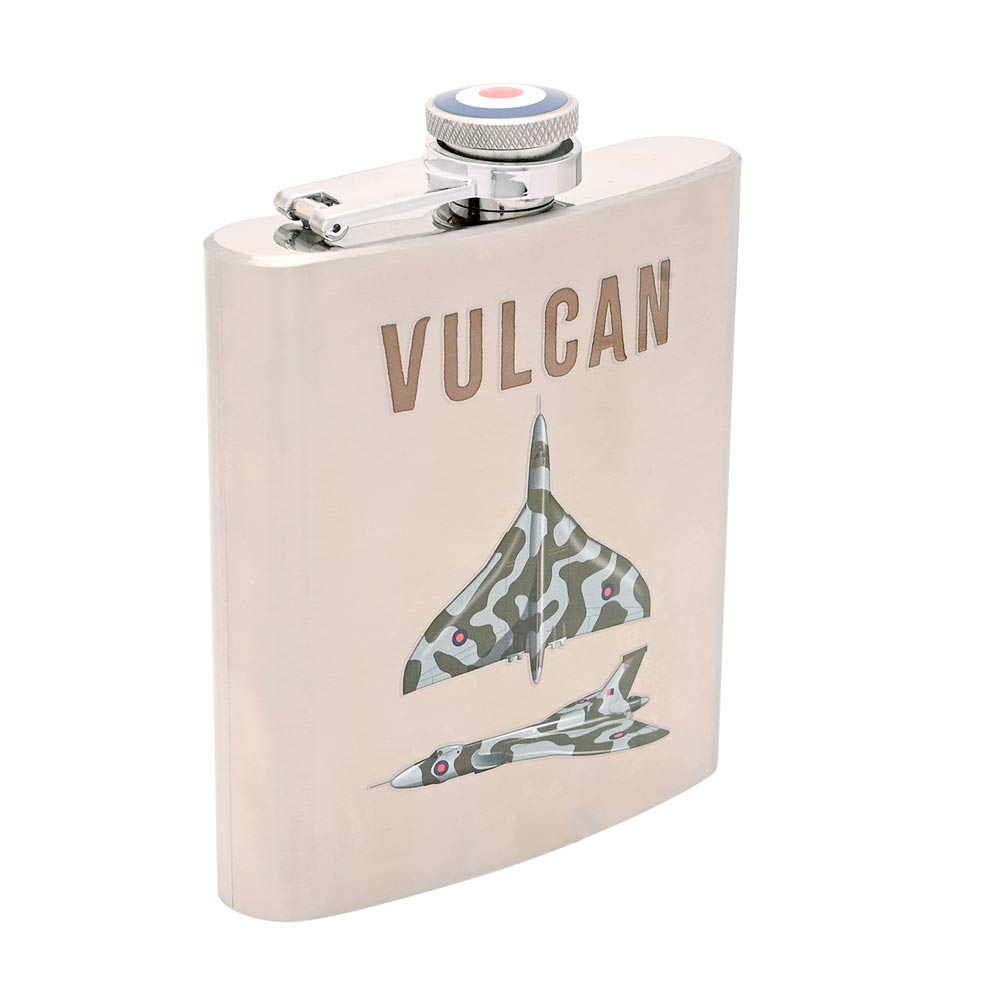 RAF official licence silver coloured Vulcan hip flask. 6oz capacity. Side angle view.