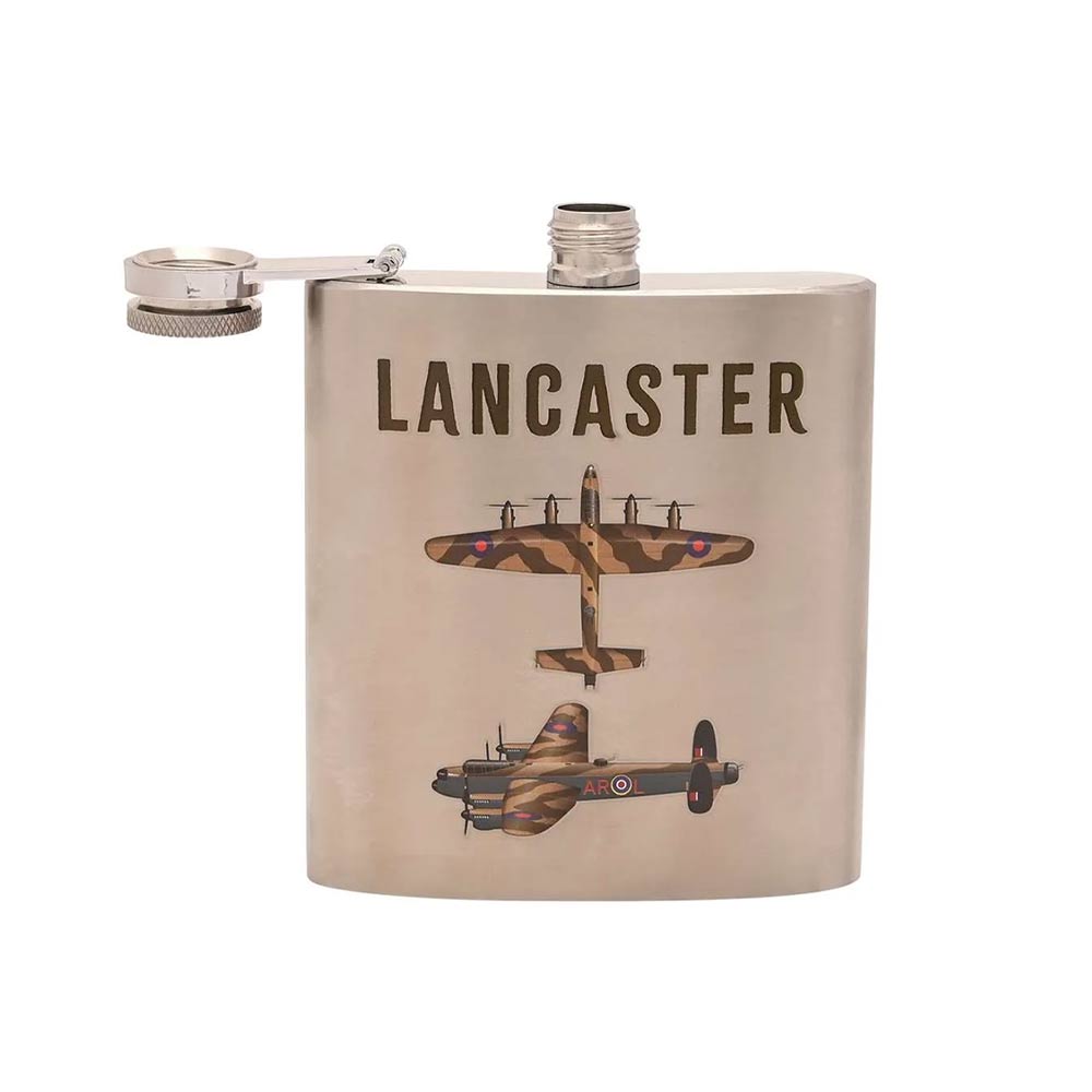 RAF Silver coloured official licence Lancaster aircraft design hipflask. 6oz capacity.