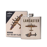 RAF Silver coloured official licence Lancaster aircraft design hipflask. 6oz capacity. With gift box.