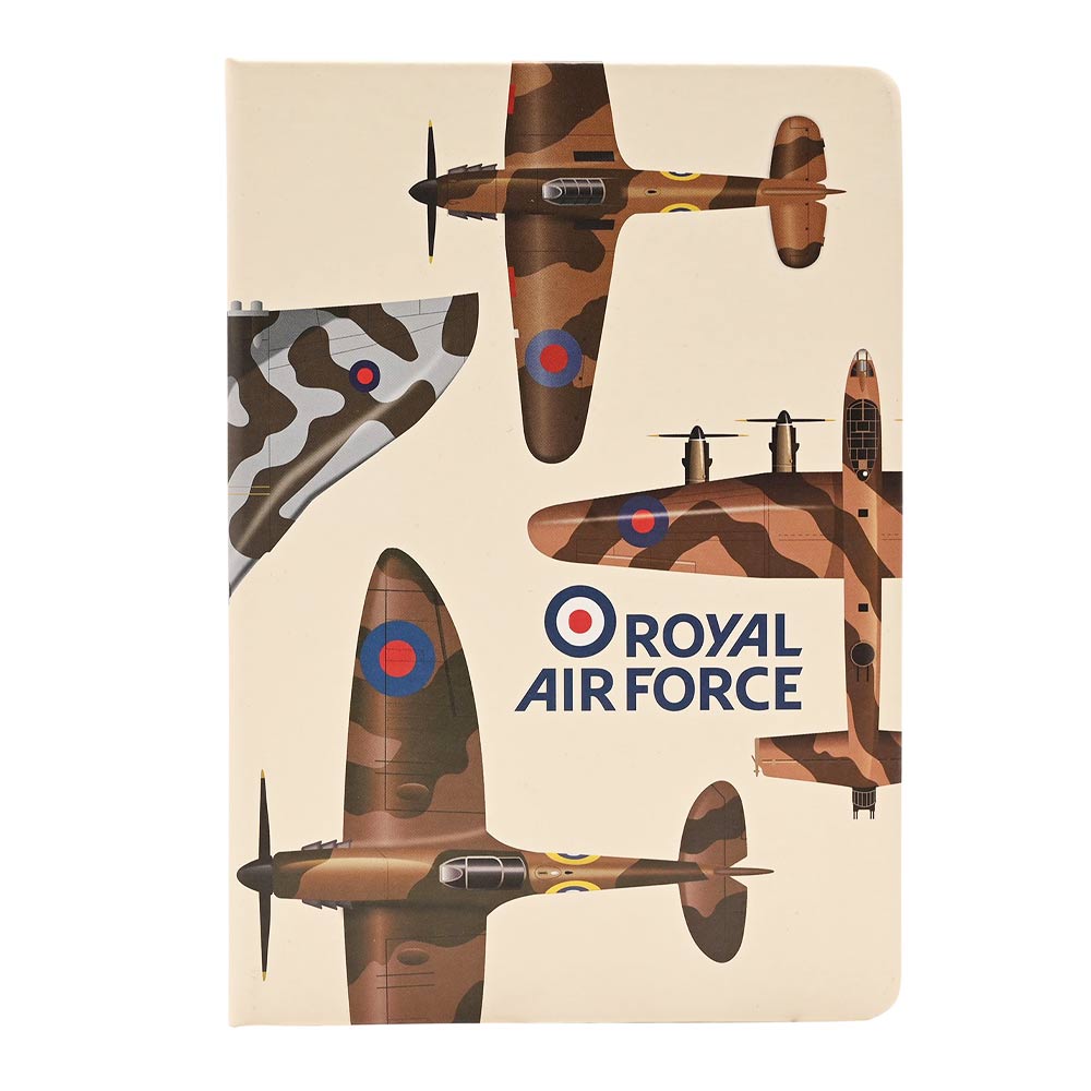 A5 line notebook featuring Spitfire, Lancaster, Vulcan and Hurricane on the front cover.