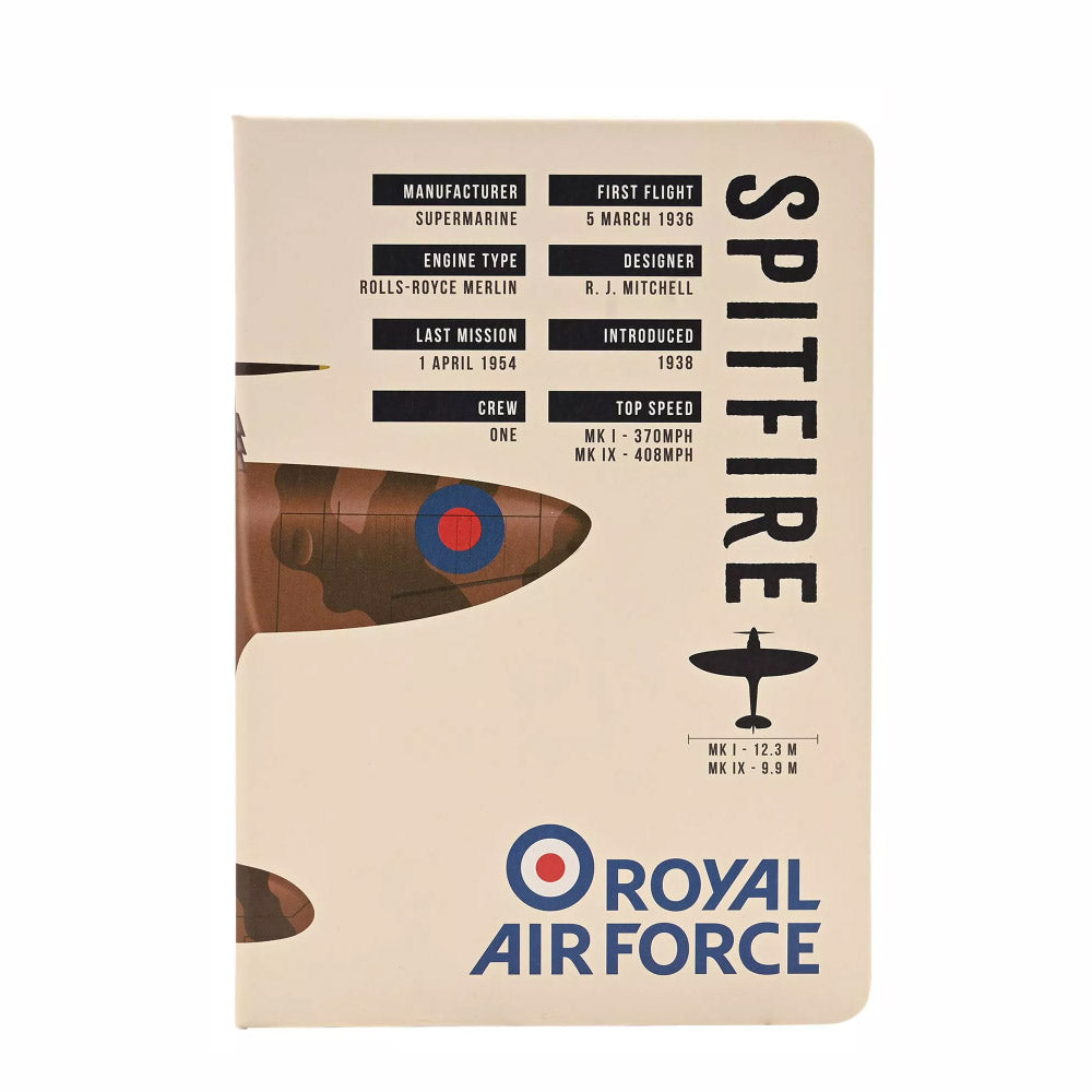 Official RAF-licensed A5 hardback notebook featuring an image of the iconic Supermarine Spitfire aircraft on the front cover, perfect for notes, sketches, and ideas.