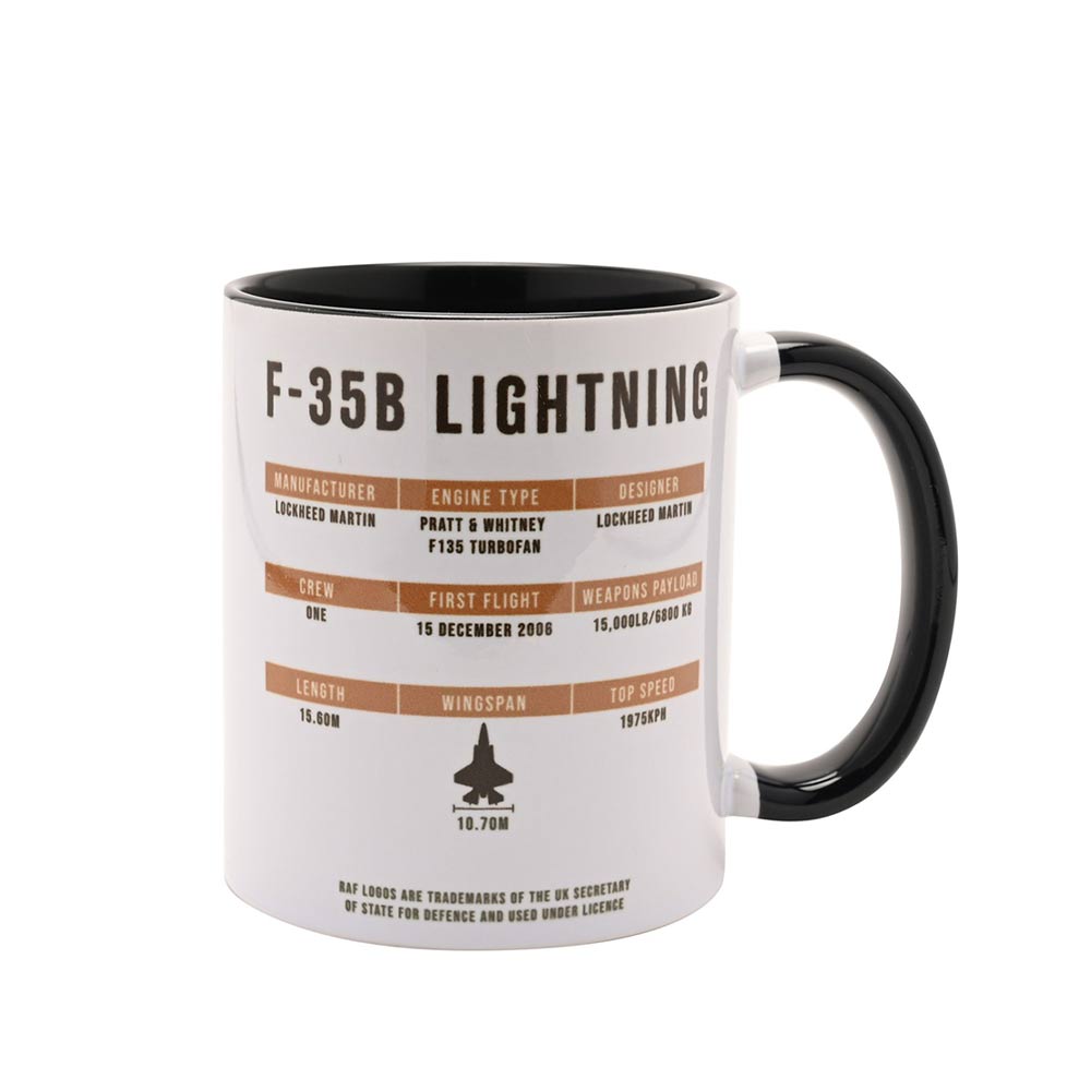 RAF offcial licence Mug 11oz F-35B Lightning is a white ceramic mug with a black interior and handle. Technical history detail of aircraft printed.