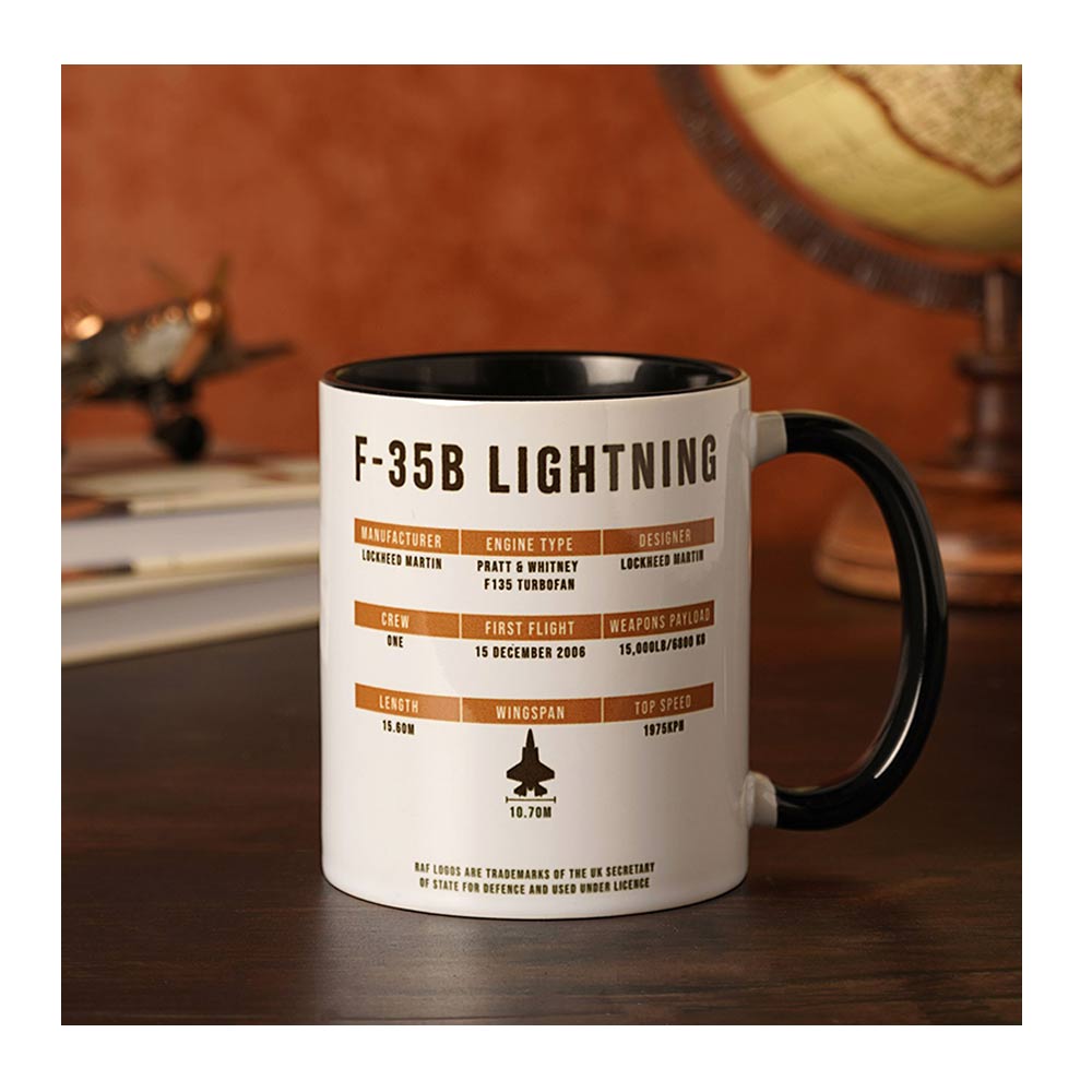 RAF offcial licence Mug 11oz F-35B Lightning is a white ceramic mug with a black interior and handle. Technical history detail of aircraft printed.